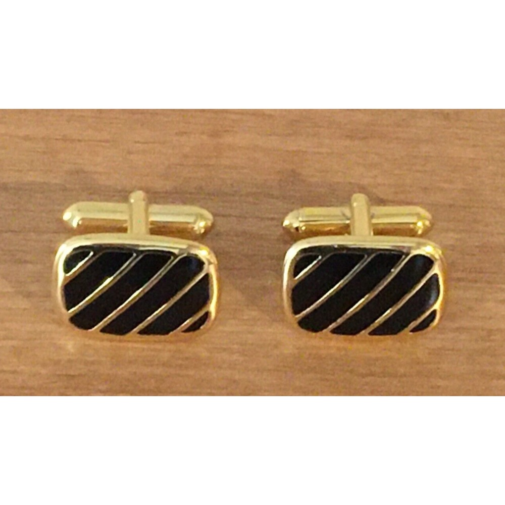 Vintage Goldtone Diagonally Striped Black/Gold Rectangular CUFFLINKS